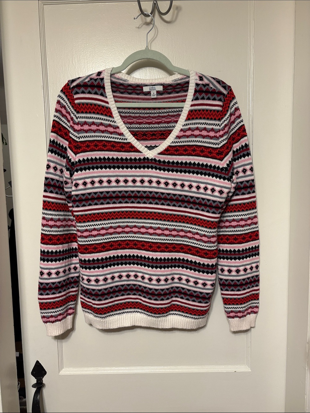 croft & barrow V-Neck Fair Isle Sweater - Red, Pink & Black